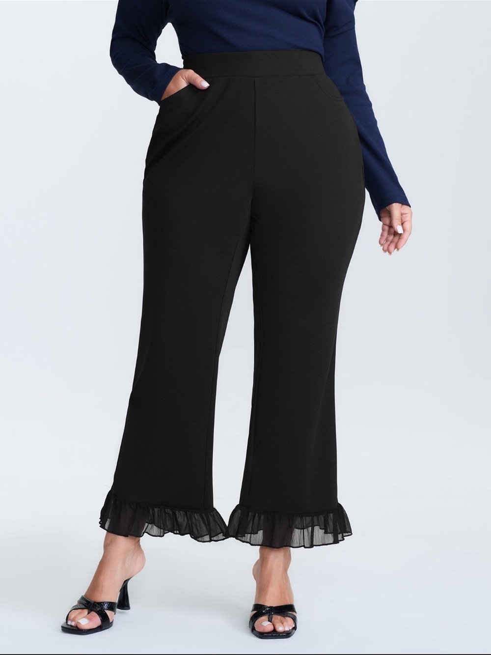 BloomChic Black Wide Leg Pants with Ruffle Hem